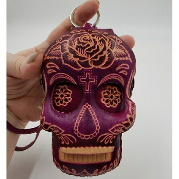 Sugar Skull Leather Wristlet Small Purple Coin Purse Keychain Calavera Wallet - Picture 1 of 16
